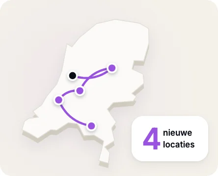 Kaart van Nederland met een violette route langs vier steden