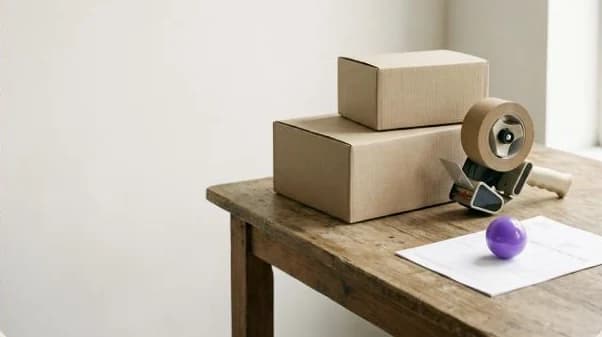 Verzenddozen, een plakbandroller en een paarse bal op een houten werkbank