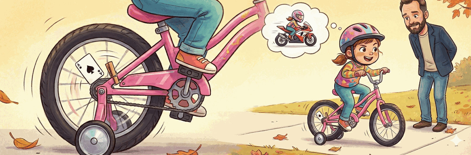 Child on bike with playing card in wheel - illustration of AI pilots making noise but not being effective