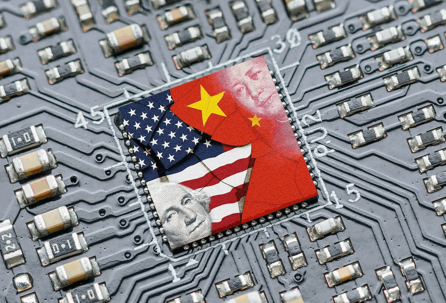 US-China AI race - chip met Amerikaanse en Chinese vlag